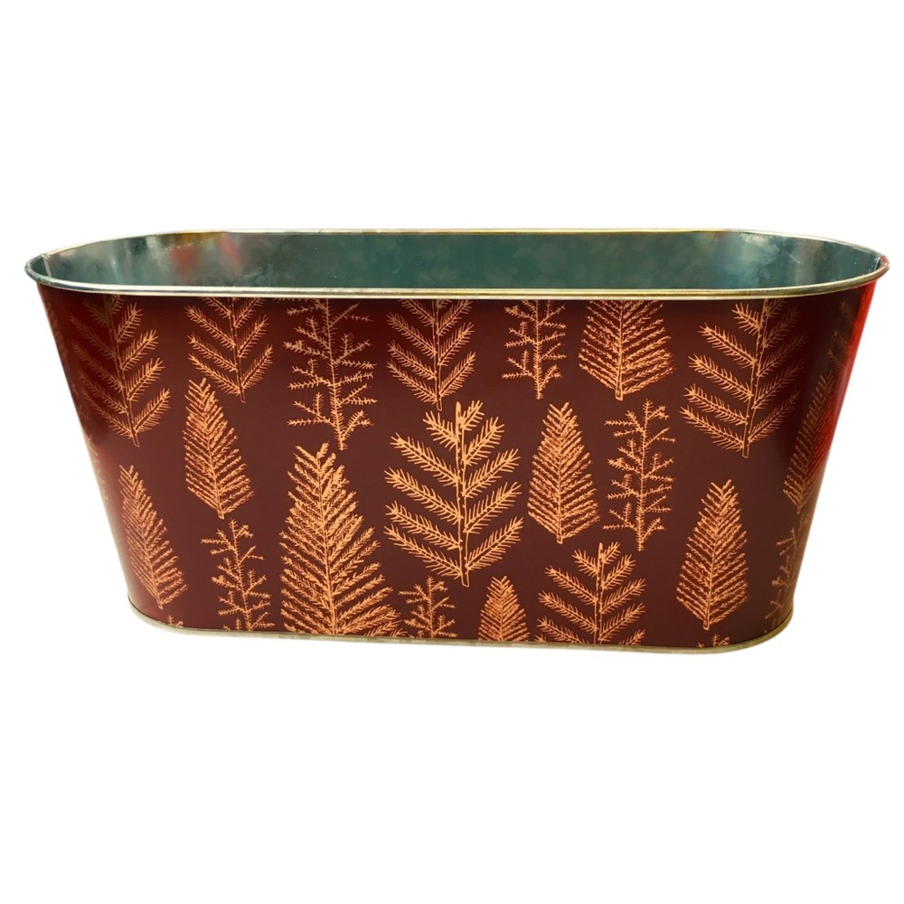 CHRISTMAS Metal Bin Basket Crate Tin Trees Metallic Gold Copper Maroon Decor